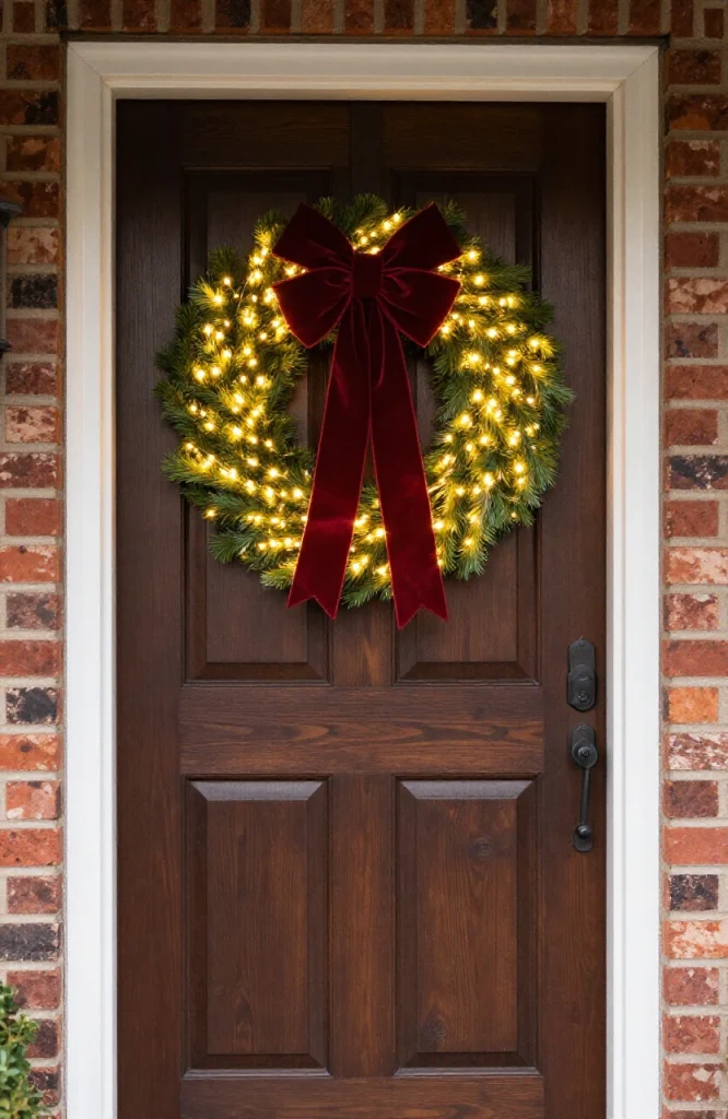 Front door decorated with illuminated wreath and surrounding Christmas lights display