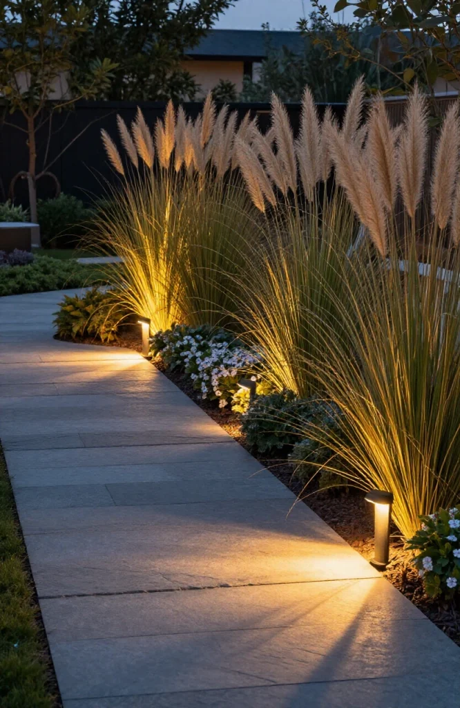 In-ground uplights installed in garden soil illuminating trees and plants from below with hidden fixtures