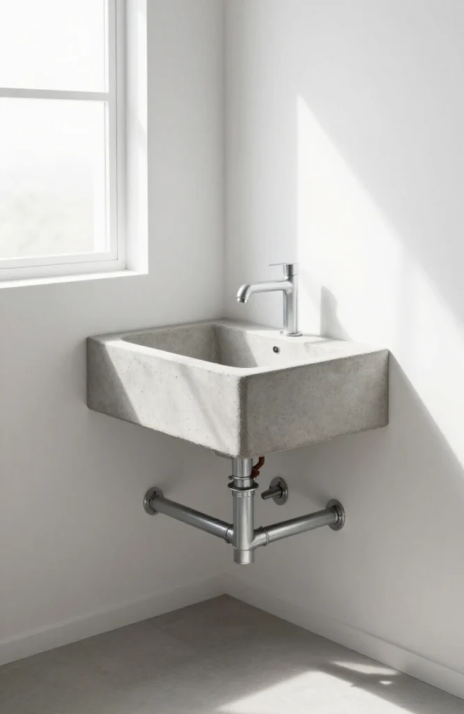 Industrial corner sink with exposed black metal pipes and rustic fixtures mounted in compact kitchen space