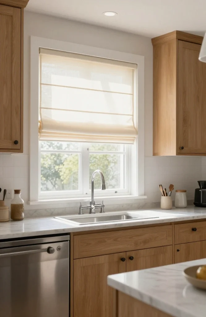Inside mount blinds installed on a kitchen window frame, showing clean minimalist installation flush with the window casing