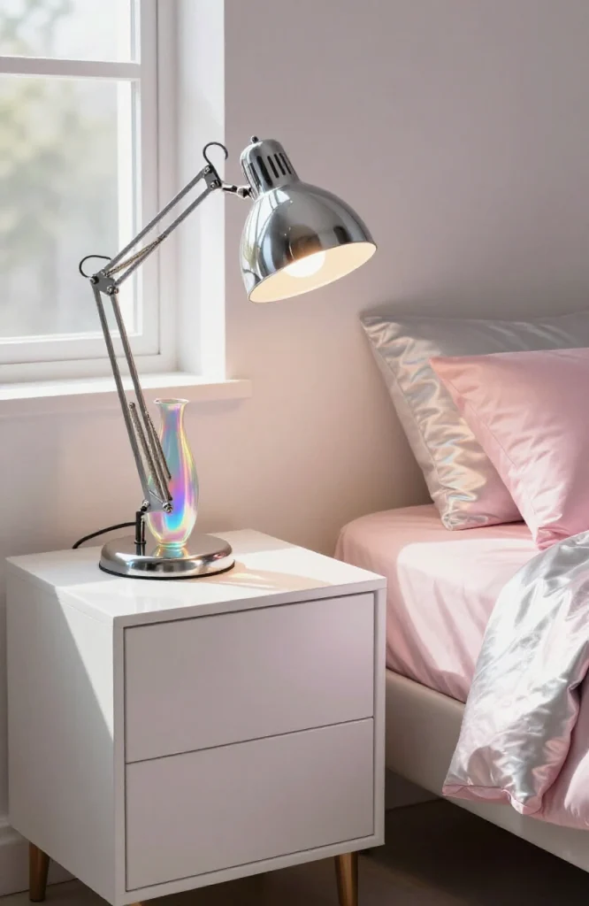 Y2K bedroom with shimmering iridescent and chrome accent pieces on walls and furniture
