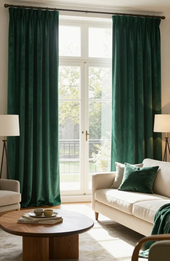 Living room with rich jewel tone curtains in deep purple and emerald green creating dramatic statement window treatment