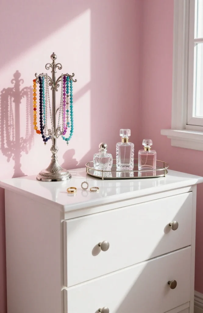 Decorative jewelry tree and vanity organizer displaying accessories on a bedroom dresser for Y2K aesthetic