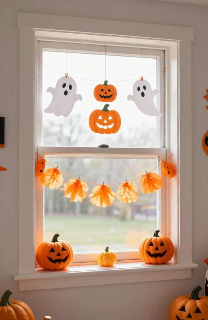 Colorful halloween window display with friendly ghost cutouts, orange pumpkins, and black bat silhouettes on glass