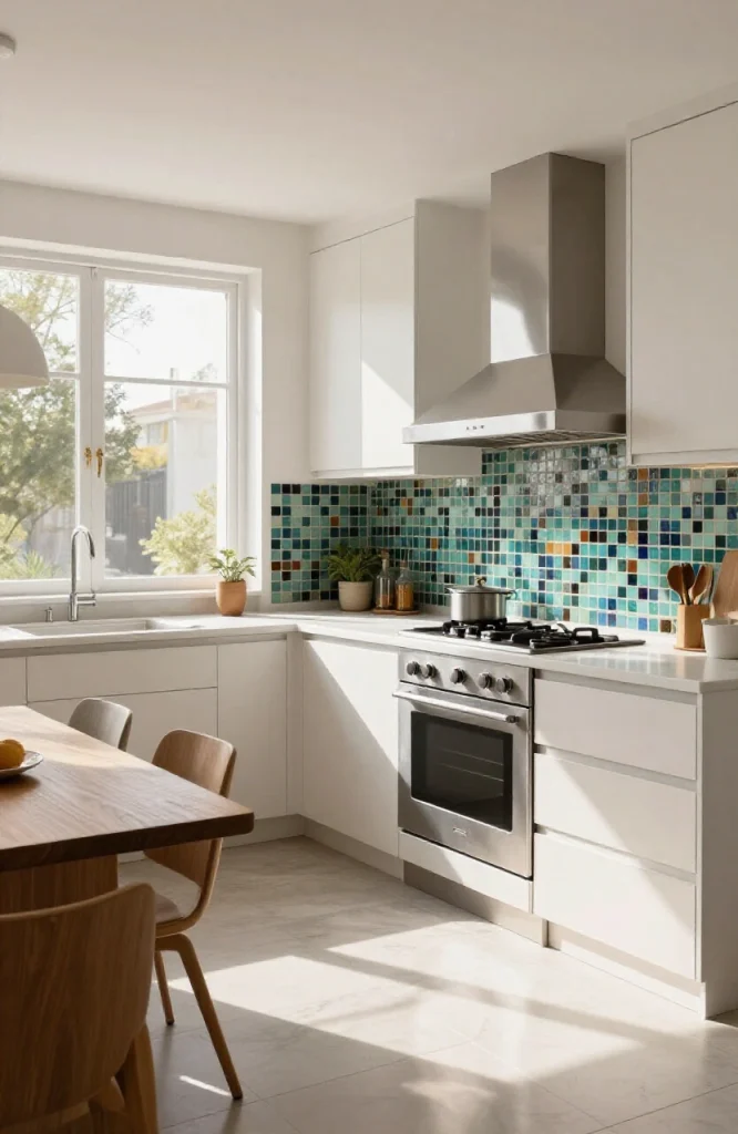 Modern kitchen backsplash with white subway tiles creating visual separation in open floor plan layout