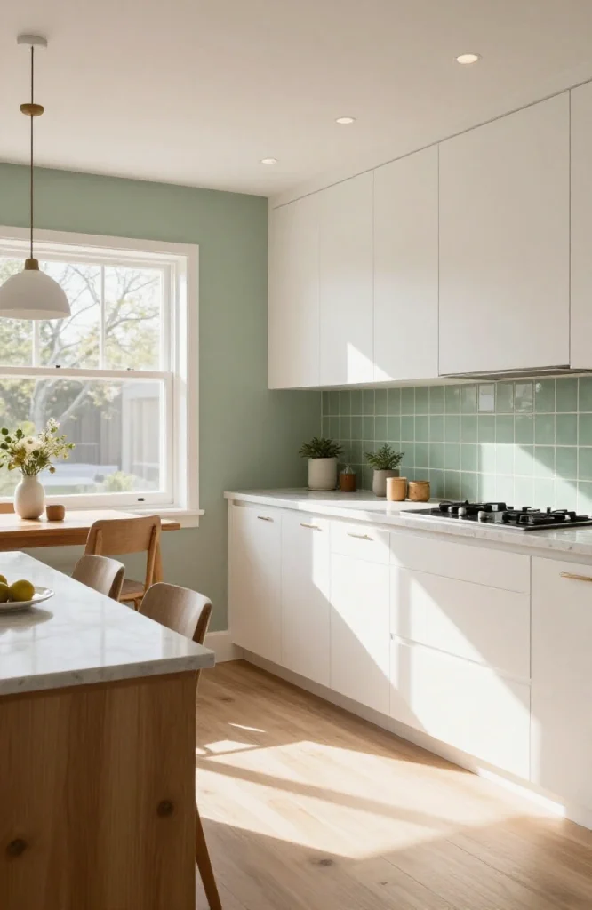 Kitchen backsplash with tiles in colors matching adjacent living room palette in open floor plan design