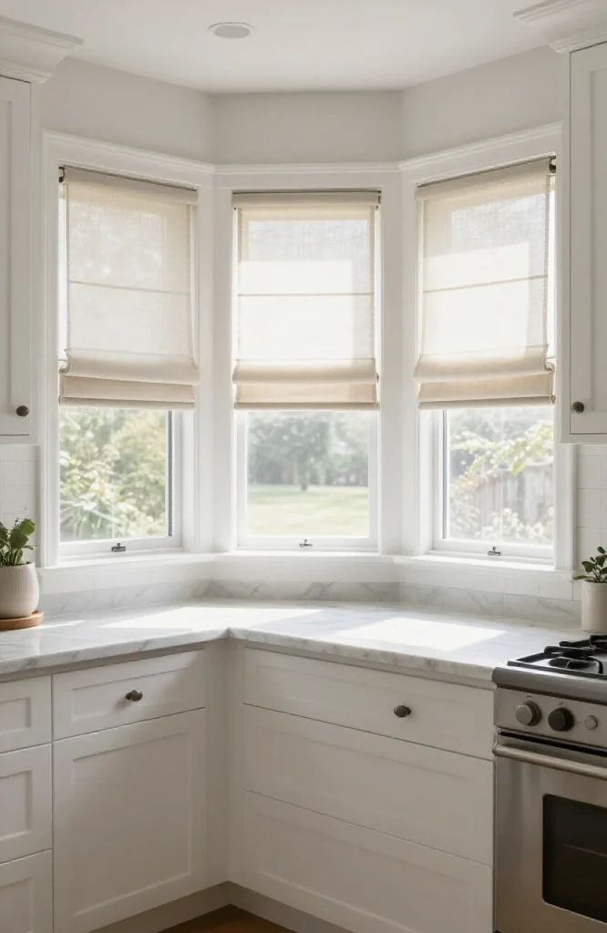 Modern kitchen bay window with white roller shades and natural light streaming through multiple panes