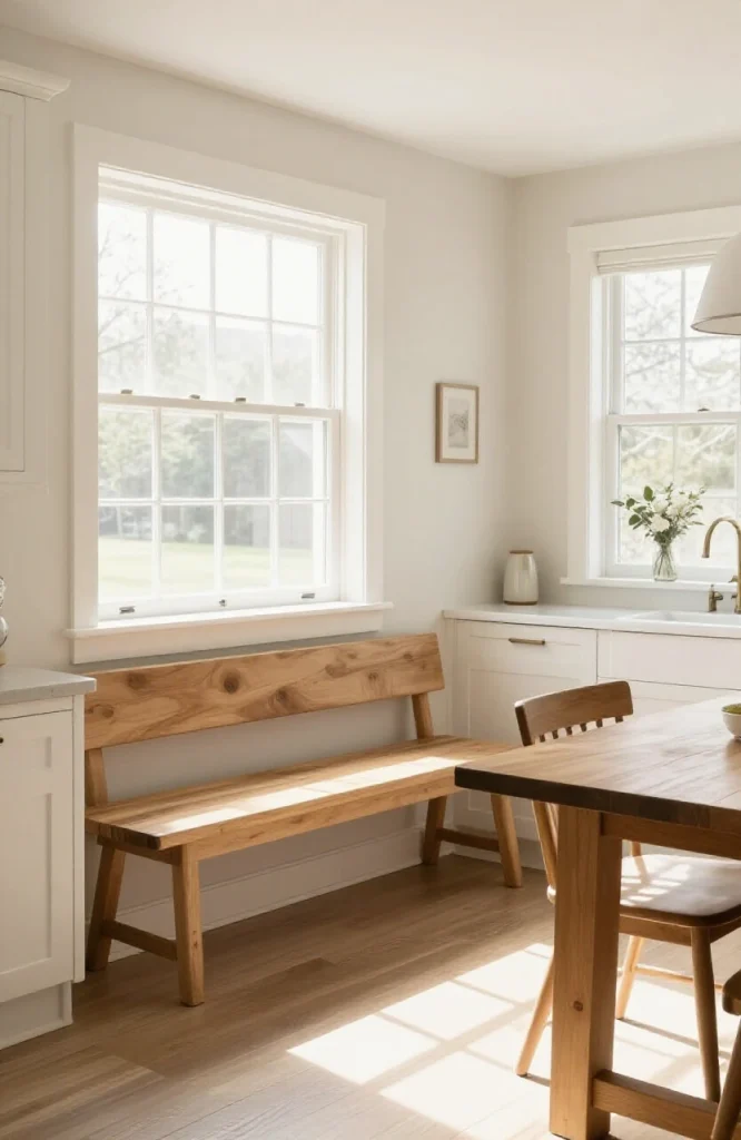 Modern kitchen with wooden bench seating positioned along white wall in open floor plan space