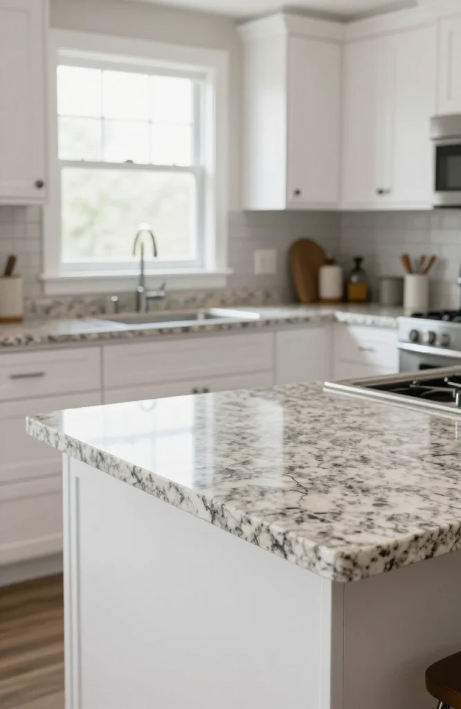 Kitchen countertop with updated edge profile detail showing modern beveled edge trim