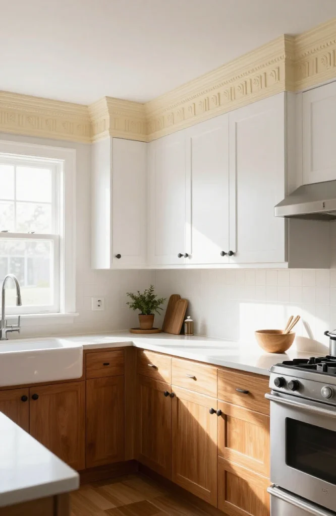 Kitchen with white crown moulding installed along ceiling line above cabinets creating decorative architectural detail