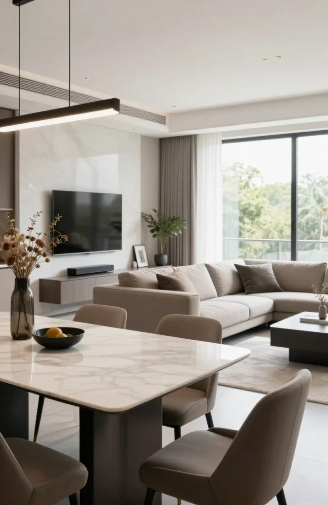 Open floor plan with kitchen dining table in contrasting style separate from living room furniture arrangement