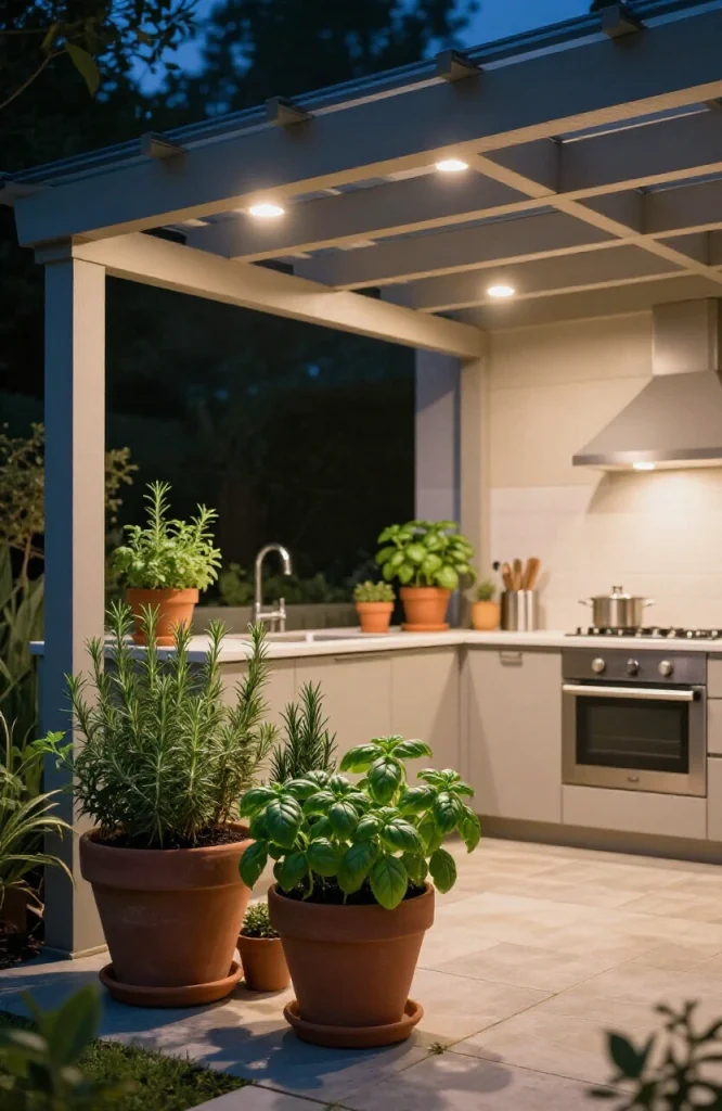 Illuminated herb garden bed with pathway lights creating warm glow around nighttime kitchen garden plants