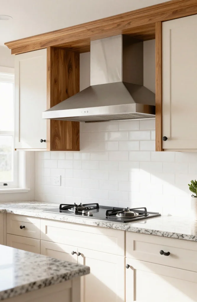 Modern kitchen with stainless steel range hood surround and decorative hood cover above gas stove