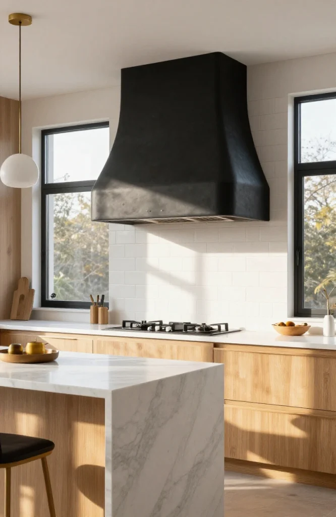 Modern stainless steel kitchen hood serving as focal point in open floor plan living space with contemporary decor