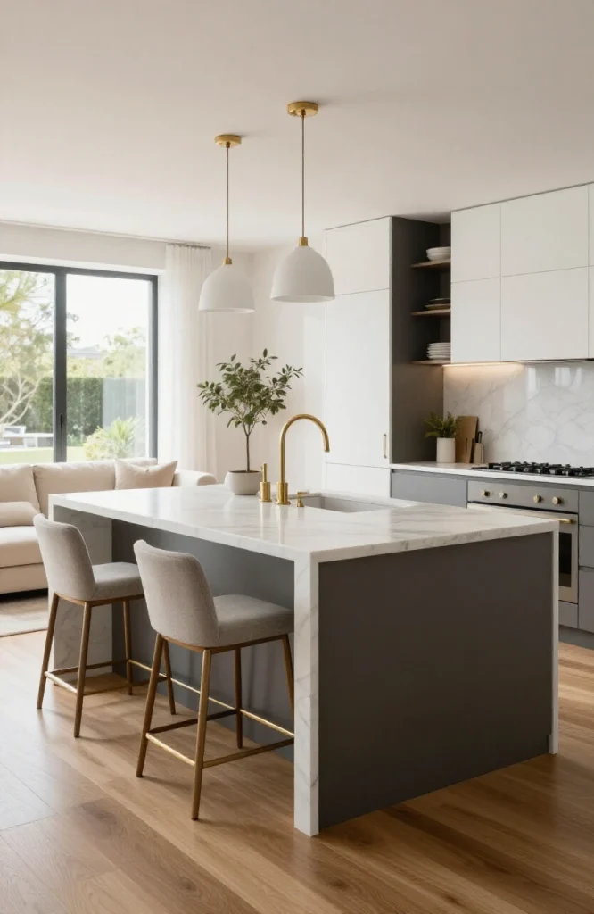 Modern kitchen island with seating separating kitchen from living area in open floor plan home