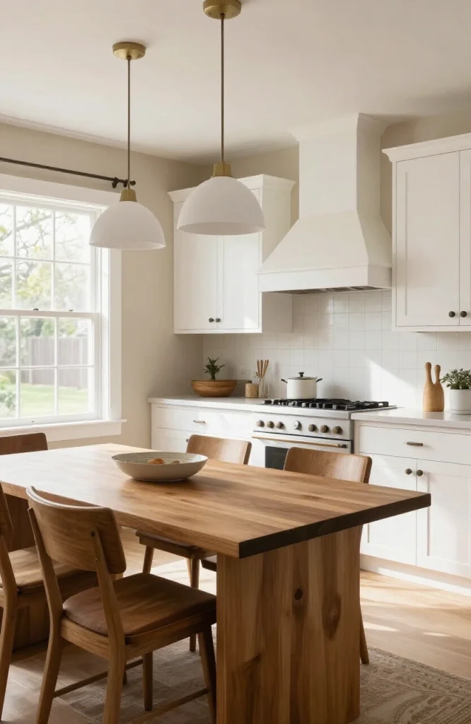 Modern kitchen with white cabinetry seamlessly connected to an open living area with neutral furnishings