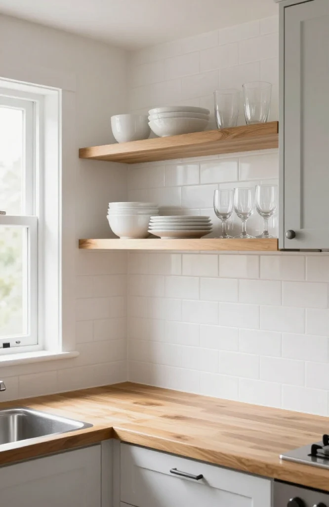 Kitchen cabinet with some doors removed to reveal open shelving displaying dishware and decorative items