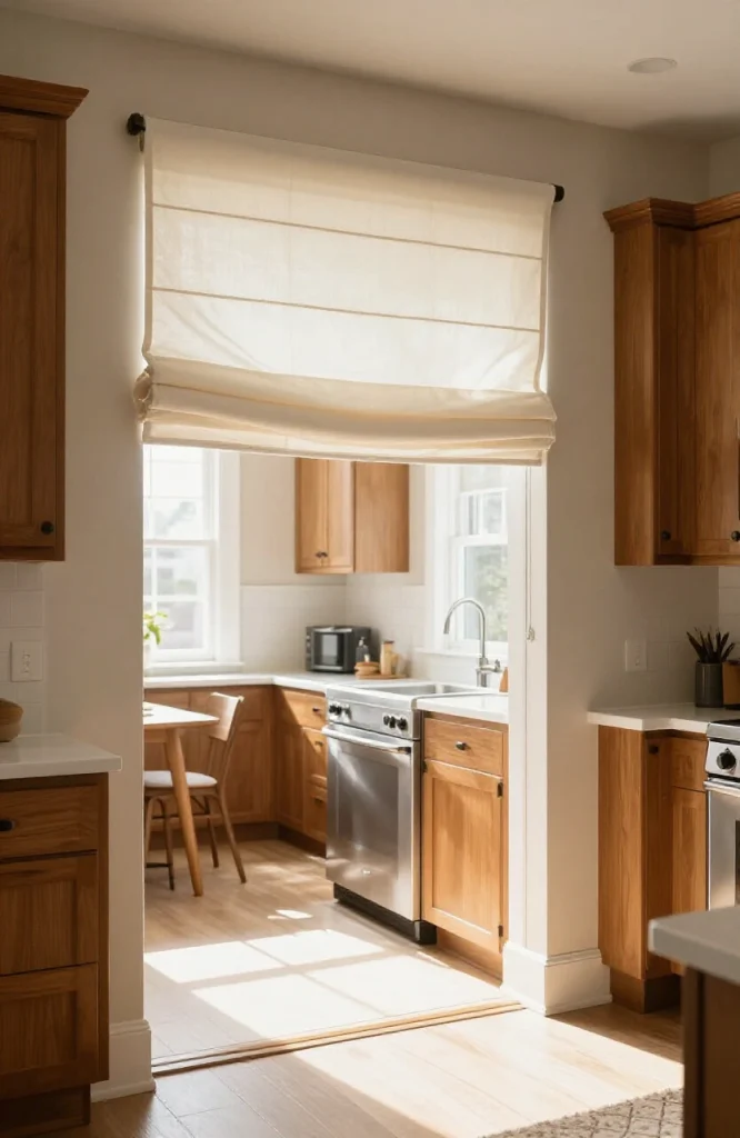Modern kitchen pass-through window with custom window treatment featuring sheer curtains and decorative hardware