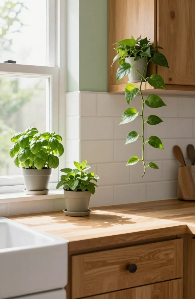 Fresh green plants and potted herbs displayed on kitchen shelves and countertops to add natural decor without replacing cabin