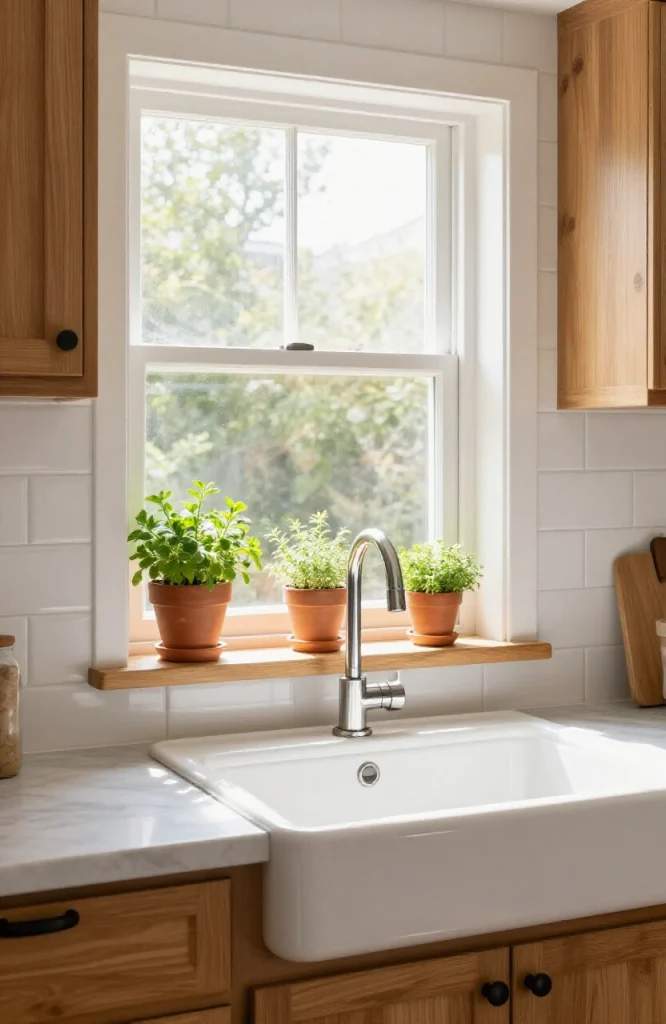 Kitchen sink window with open shelving displaying glasses and kitchen accessories for natural light and storage