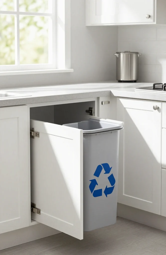 Pull-out trash and recycling bins installed inside kitchen cabinet for organized waste management