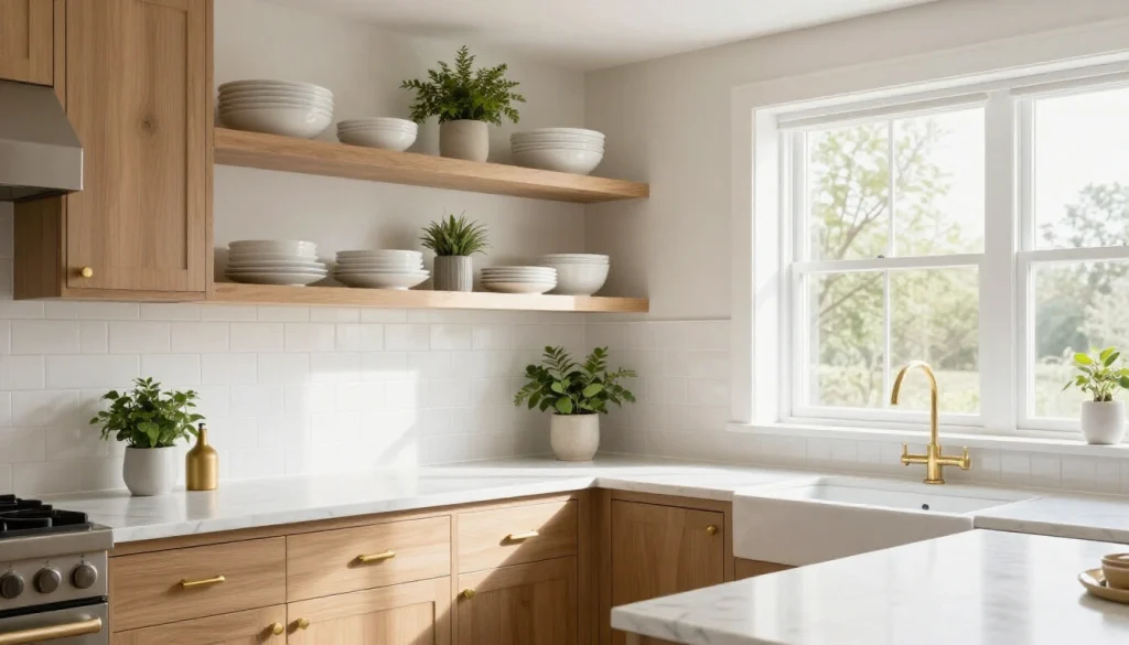 Modern kitchen with fresh paint, new hardware, updated lighting and countertops while keeping original cabinets