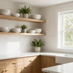 Modern kitchen with fresh paint, new hardware, updated lighting and countertops while keeping original cabinets