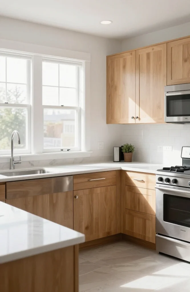 Kitchen with freshly painted white trim and baseboards around wooden cabinets and stainless steel appliances
