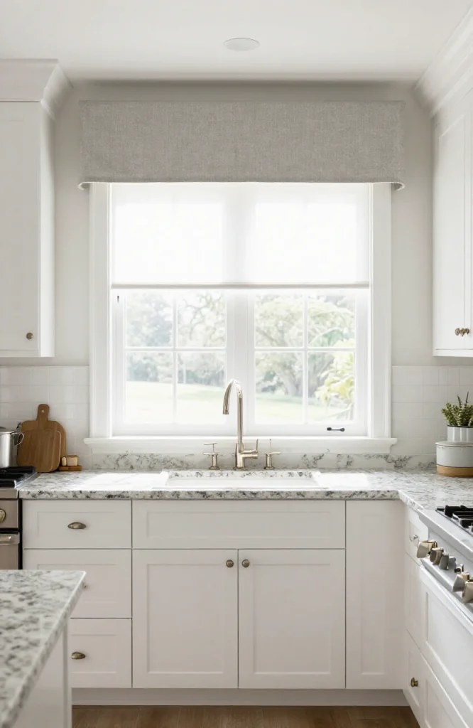 Wooden cornice box above kitchen window with decorative trim and fabric valance treatment