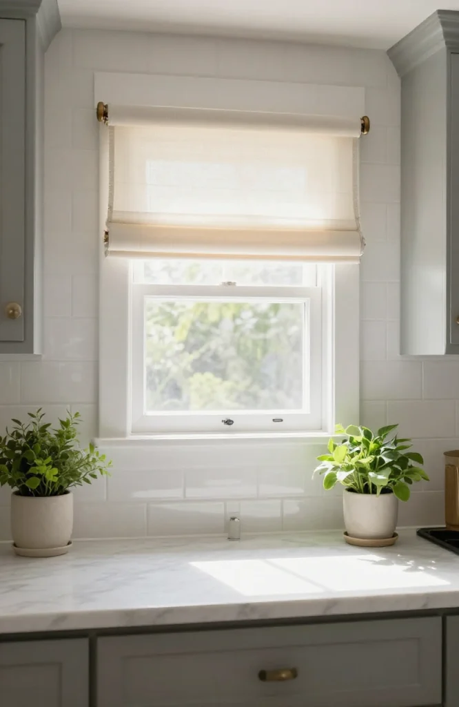 Elegant white roller shade installed on small kitchen window above sink with potted plants on windowsill