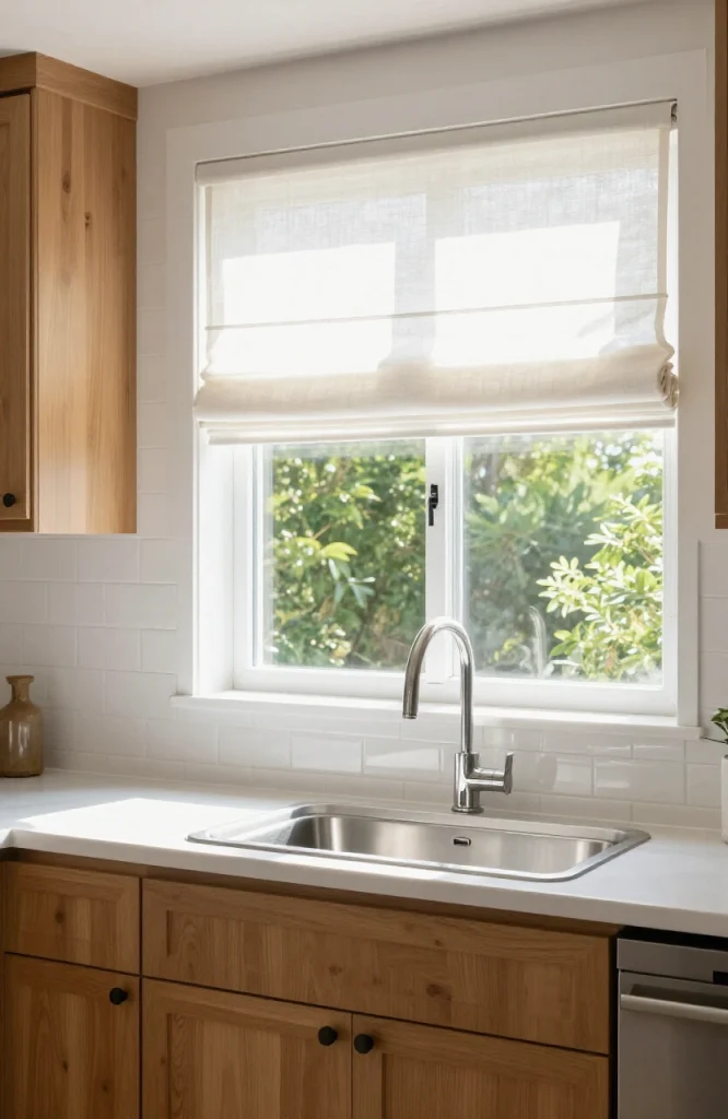 Modern kitchen with updated window treatments including new curtains and natural light filtering through contemporary window
