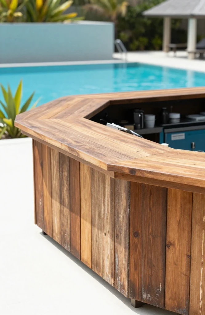 L-shaped built-in outdoor bar with stone countertop next to swimming pool