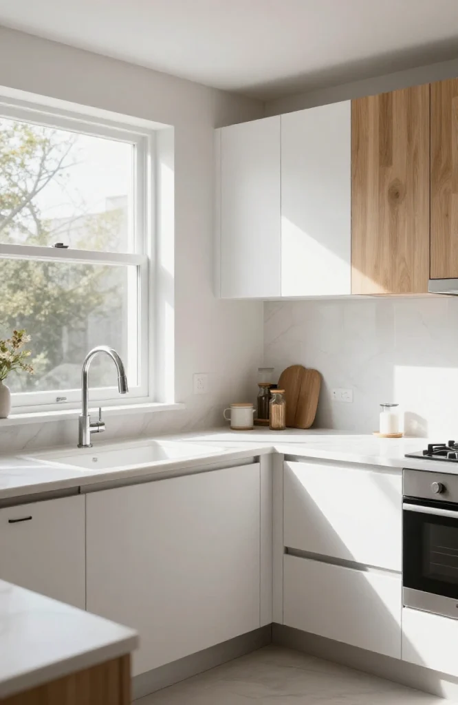 L-shaped corner sink with dual basins installed in kitchen corner with white cabinetry