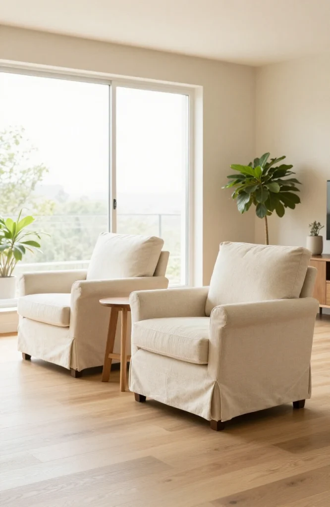 Modern living room with individual accent chairs arranged in L-shape formation instead of sectional sofa