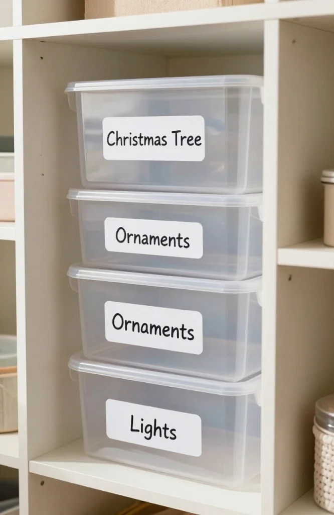 Clear plastic storage boxes with printed labels for Christmas decorations organized neatly in apartment closet space