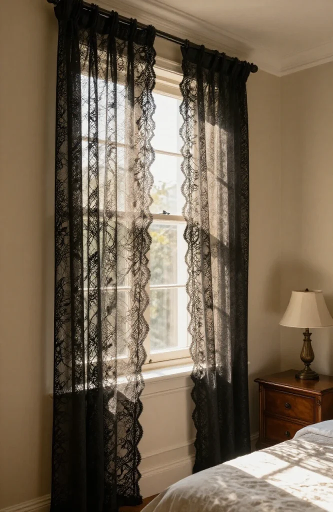 White lace curtain panels draped over window creating eerie spooky interior atmosphere for Halloween