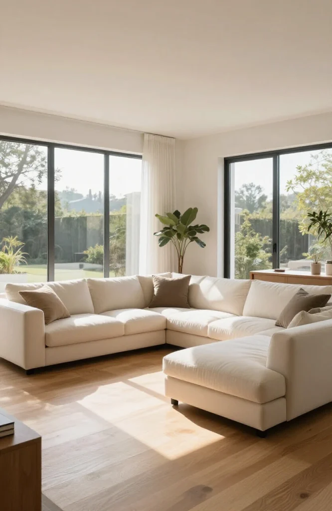 Spacious open floor plan with large gray sectional sofa defining the living room area