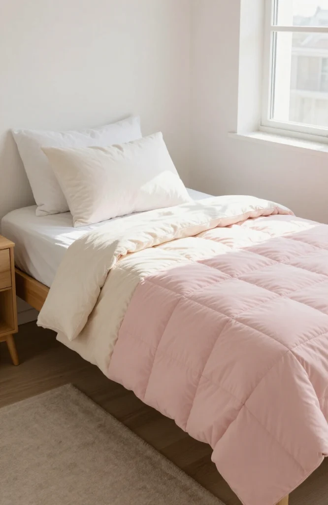 Neatly layered bedding with coordinated throw pillows and blanket on twin dorm bed