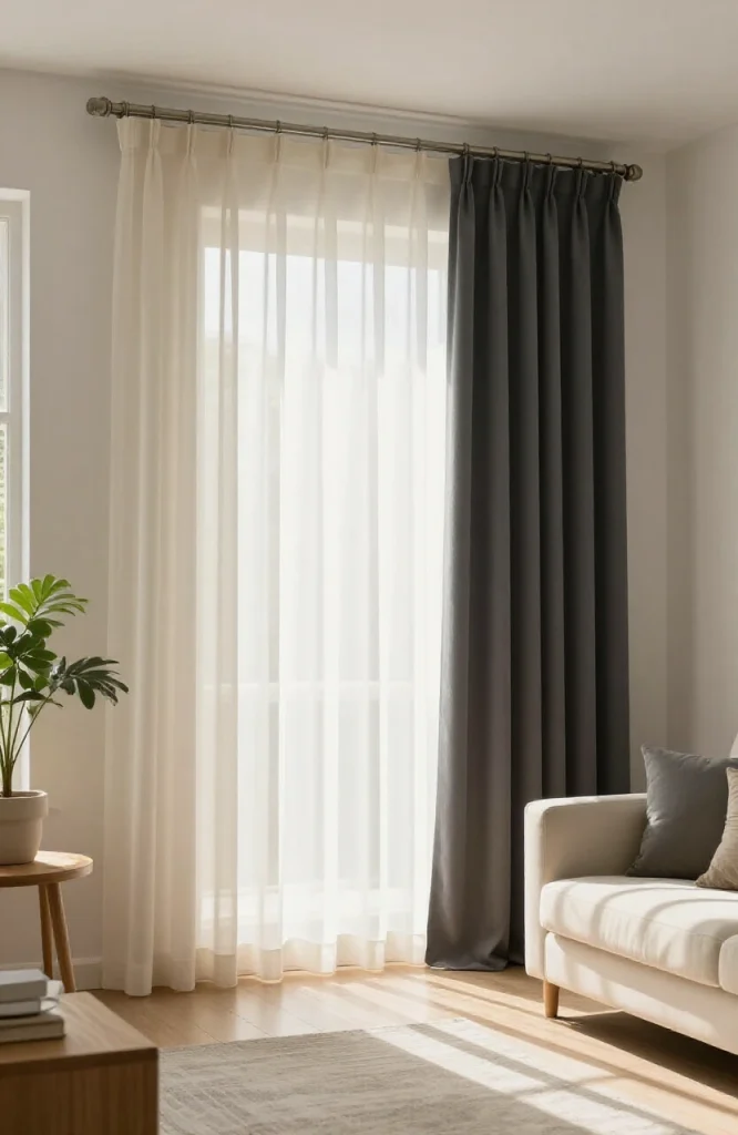 Modern living room window with layered curtains combining sheer white panels and blackout drapes