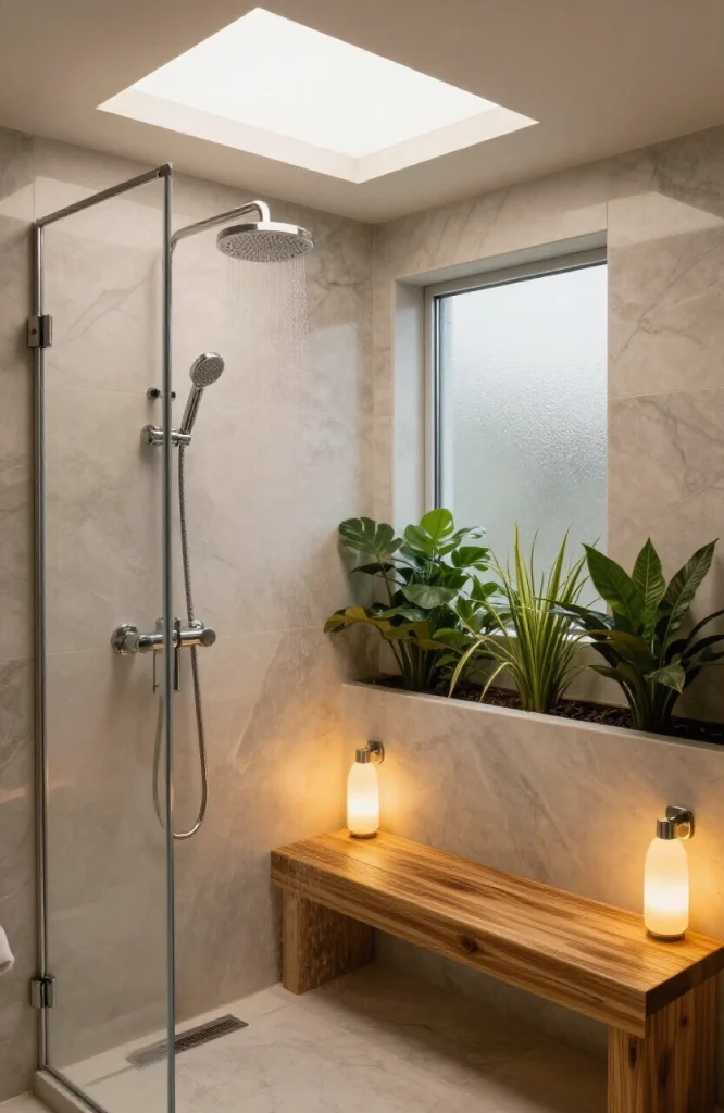 Steam shower bathroom with layered lighting including recessed ceiling lights and warm wall sconces creating ambient spa atmo