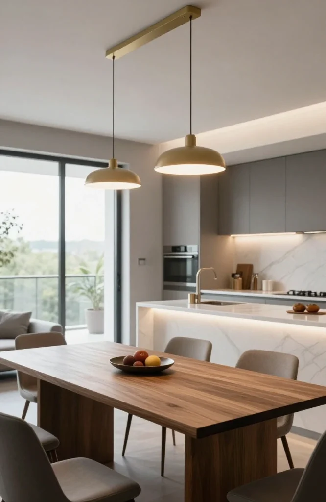 Modern open floor plan with warm and cool lighting fixtures creating distinct zones in living and dining areas