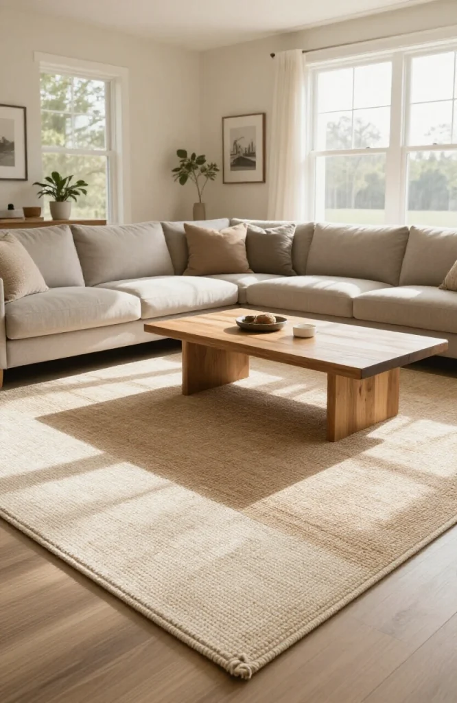 Multiple area rugs layered together in open floor plan living room creating defined zones and visual interest