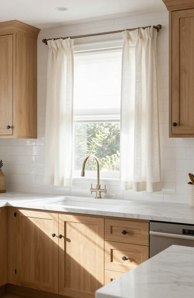 Kitchen window with layered roman shades and flowing curtains providing light control and elegant window styling