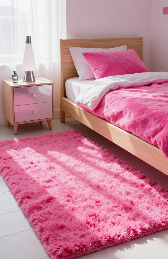 Bedroom with layered shag and faux fur rugs creating textured flooring in 2000s Y2K style decor
