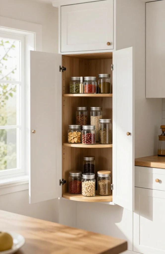 Rotating Lazy Susan installed inside corner kitchen cabinet for improved accessibility and storage organization
