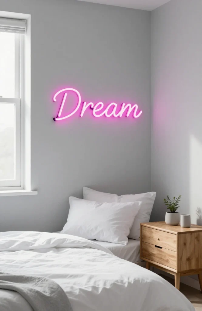Glowing LED neon sign mounted on wall as modern alternative to paint decoration