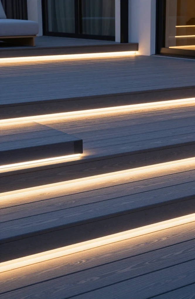 LED strip lights mounted underneath wooden deck boards creating warm ambient lighting for outdoor seating area