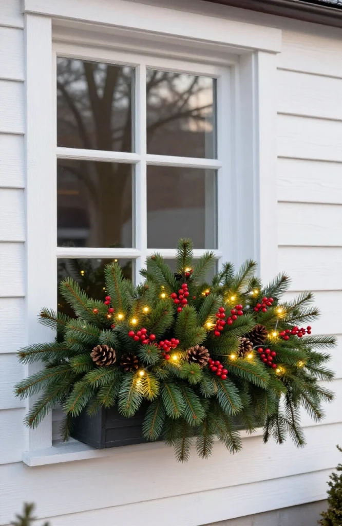 Illuminated window boxes and planters with warm white Christmas lights decorating a home exterior