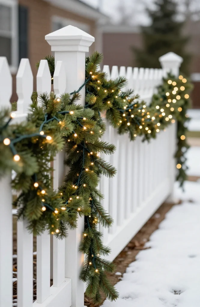 Outdoor home decorated with glowing lighted garland strung along roofline and fence creating festive holiday ambiance