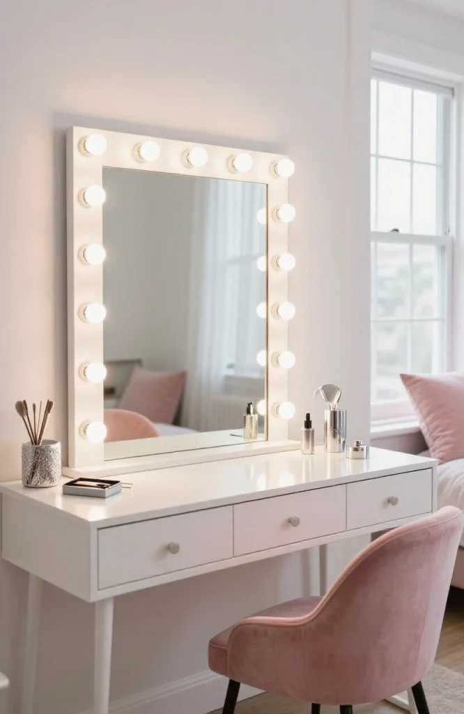White makeup vanity with large lit mirror and storage drawers in modern Y2K bedroom aesthetic